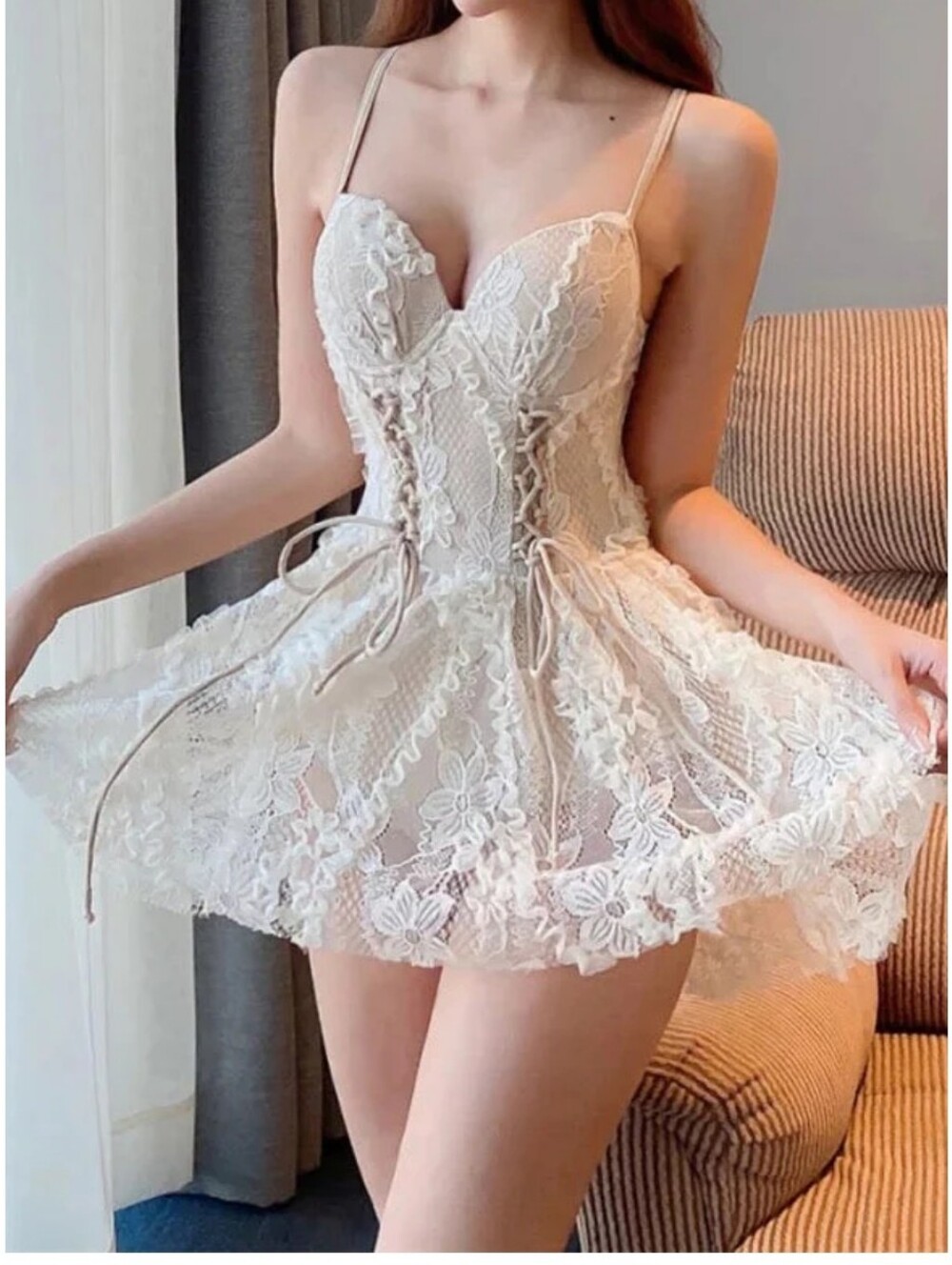 Deerdoll Lace Bustier Corset Sparkle Lace Skirt Bodysuit Dress Cream Nude Beige